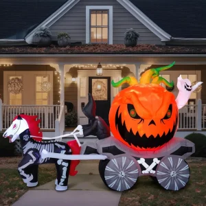 8 Ft Long Pumpkin Carriage Halloween Inflatables Outdoor Decorations Blow Up Pumpkin Carriage with Build-in LEDs
