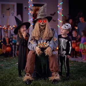 49" Halloween Animatronic Sitting Scarecrow, Halloween Decorations Outdoor Sound Activated Jump Scare Prop with LED Eyes, Spooky