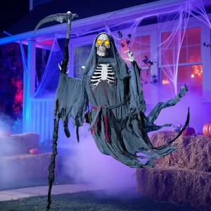 6 Ft Flying Grim Reaper Animated Halloween Decorations Outdoor with Sickle, Spooky Sound Animatronics