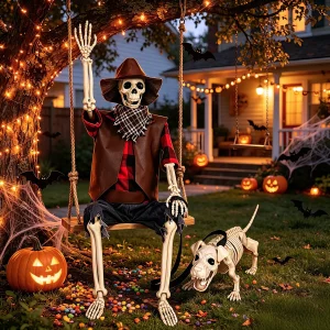 36" Halloween Skeleton Decorations, Posable Skeleton & Dog Outdoor Decor Creepy Halloween Western Cowboy